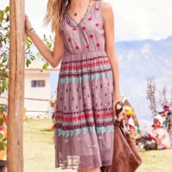 Sundance Dresses & Skirts - Sundance Dress Womens 2 Embroidered Floral Sheer V-Neck Sleeveless Pink Boho